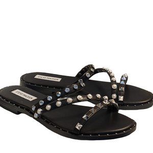 Steve Madden Zaidy Black Faux Pearl & Metal Stud Slip On Slide Sandal Size 8 New